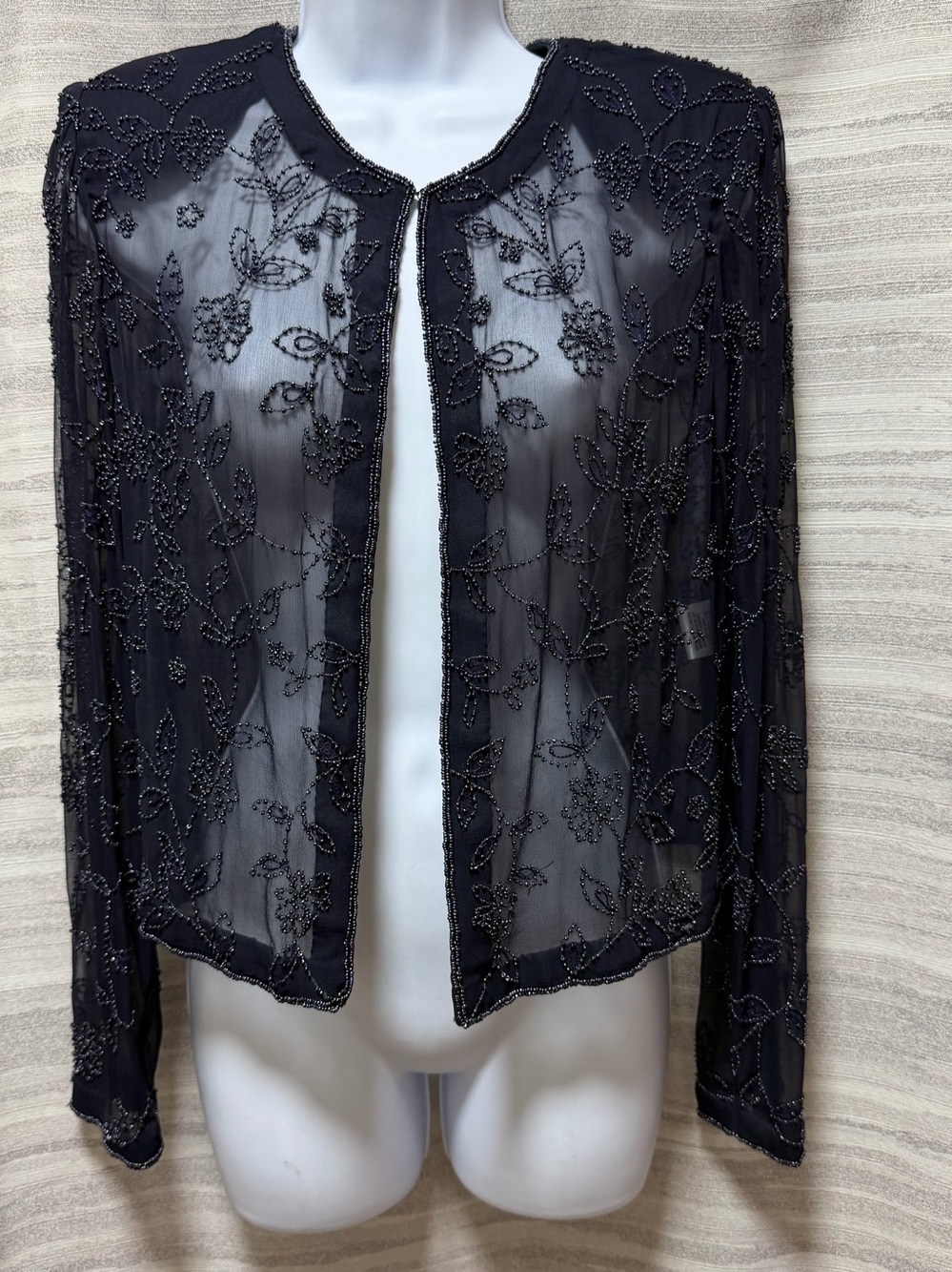 Vintage Talbots Evening Black Beaded Silk Jacket Top 12 Sheer 90s Y2K Cocktai